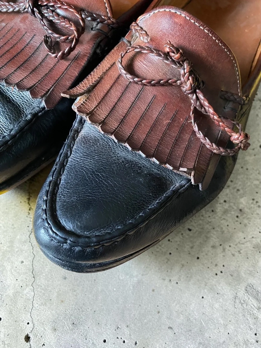 Vintage Mens Loafers Size 13 Kiltie Fringe Black Brown Leather 90s Dress Shoes